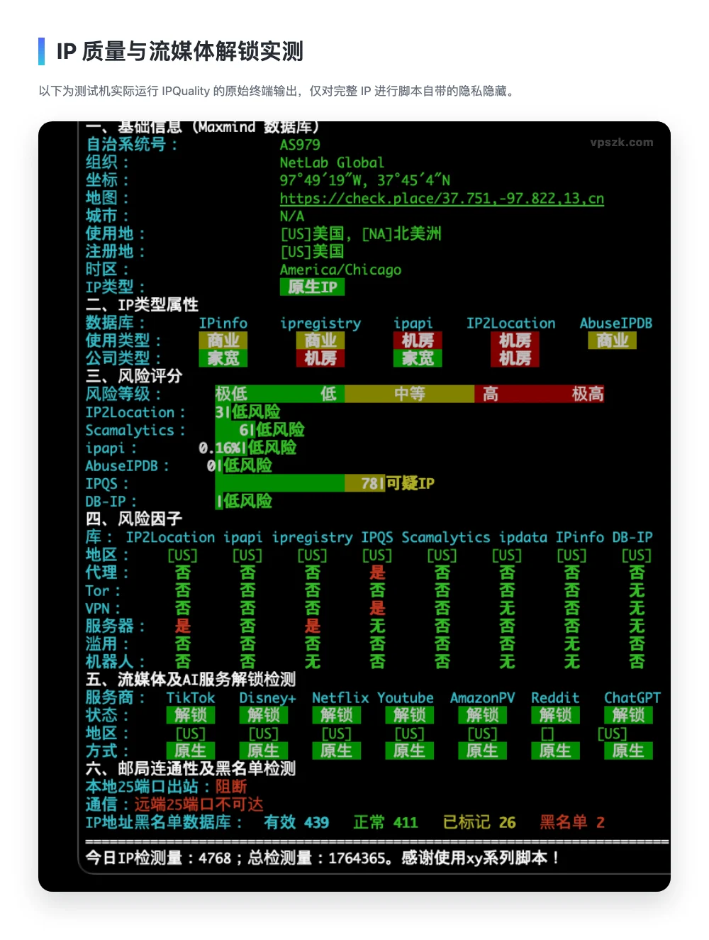 Zgo 洛杉矶 VPS IPQuality 风险评分及 Netflix、ChatGPT 美区解锁原始输出